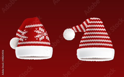 Vector 3d realistic illustration of two knitted santa hats with decorative pattern on them, isolated on red background. Christmas traditional headdress, element of festive costume for adults and kids