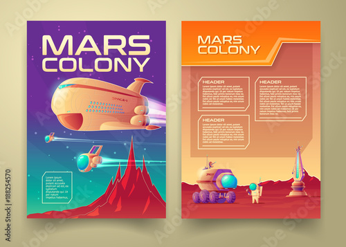 Vector mars colonization banner infographics template set. Solar system galaxy exploration red planet terraforming colony mission concept. Illustration space station shuttle spaceship astronaut, rover