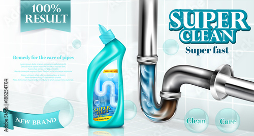 Vector drain pipe cleaner ad poster, detergent bottle near basin siphon, chrome luxury sink drain, bubbles. Mockup package for brand design, 100 percent result. Illustration bathroom tiles, background