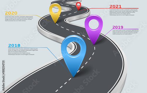 Vector company corporate milestone, history timeline, business presentation layout, infographic strategic plan workflow, grey background. Car road with marks, years, pointers, concept template