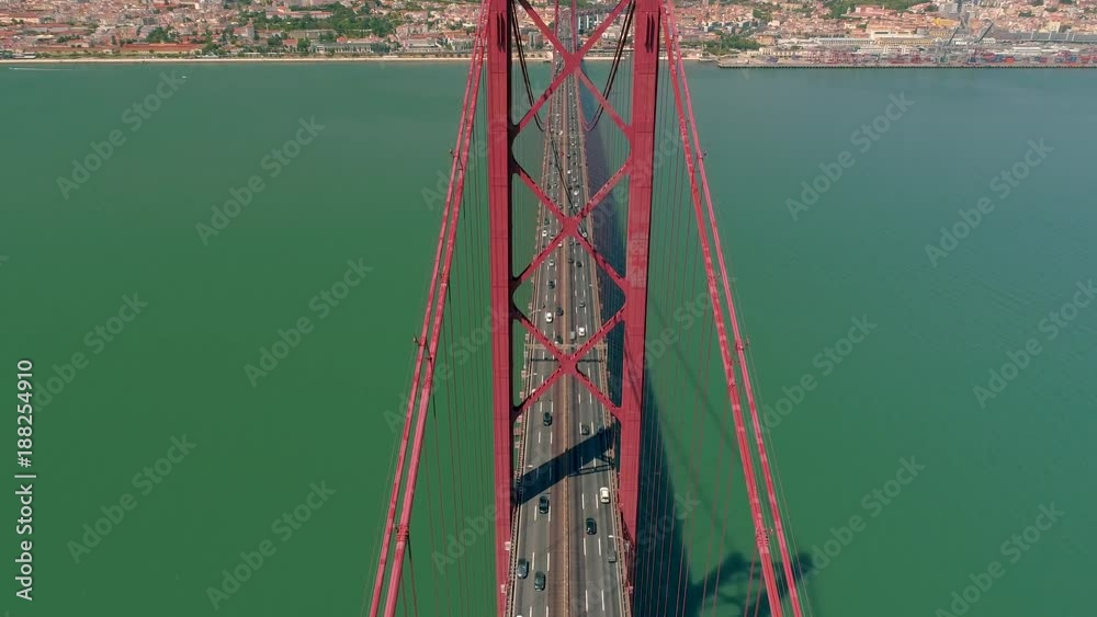 Lisbon Portugal Aerial 4K 25 de Abril Bridge Almada on the left bank Tejo river