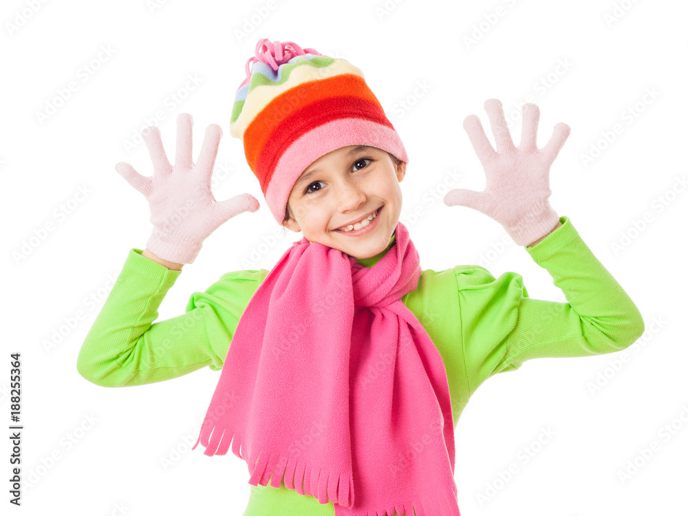 Funny girl in winter clothes with joke sign Funny girl in winter clothes with joke sign