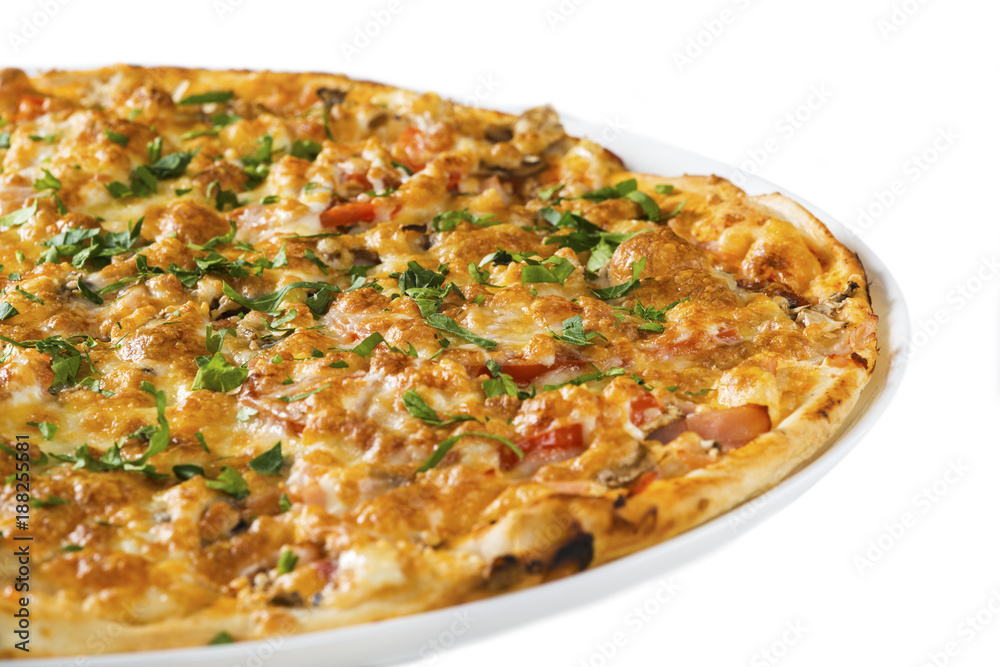 Tasty pizza with sausage, mushrooms and cucumber