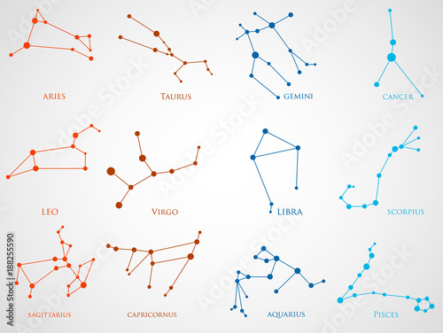 Set of zodiac constellations. Horoscope set: Aries, Leo, Sagitarius, Capricorn, Taurus, Virgo, Libra, Aquarius, Gemini, Cancer, Scorpio, Pisces