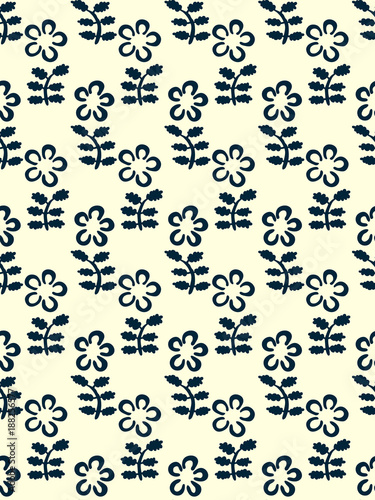 Indigo woodblock printed seamless floral pattern. Vector ethnic ornament  traditional Russian motif with flowers  navy blue on  ecru background. Textile print.