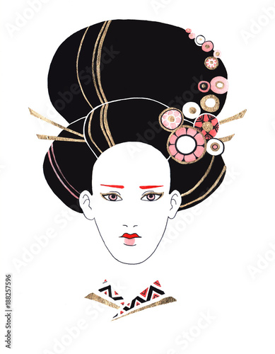 Beautiful black haired woman with traditional Japanese hairstyle, decorated by flowers and hair pins. Ink and watercolor technique.