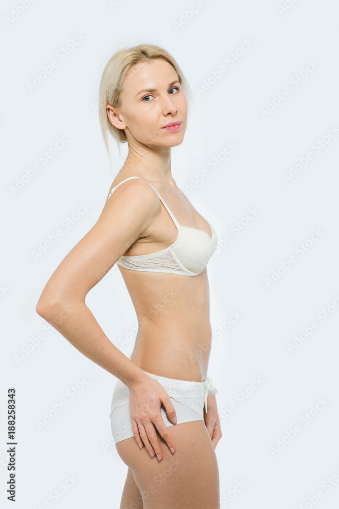 Snap Blonde Woman in white underwear - obrazy, fototapety, plakaty 