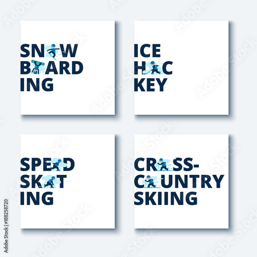 Collection of vector illustrations of winter games. Names of winter sports.
