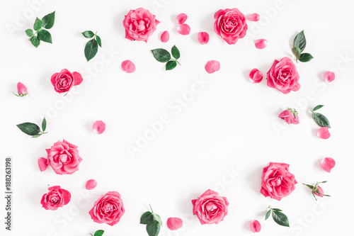 Fototapeta Naklejka Na Ścianę i Meble -  Flowers composition. Frame made of pink rose flowers on white background. Flat lay, top view, copy space