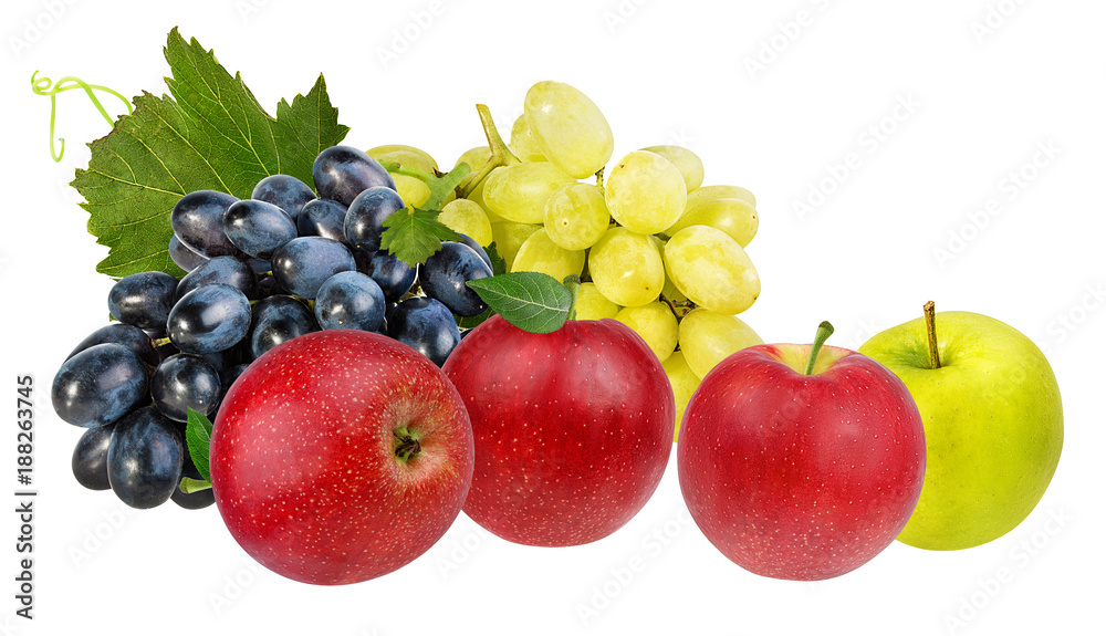 Fresh grapes and apples isolated on white background with clipping pass Fresh grapes and apples isolated on white background with clipping pass
