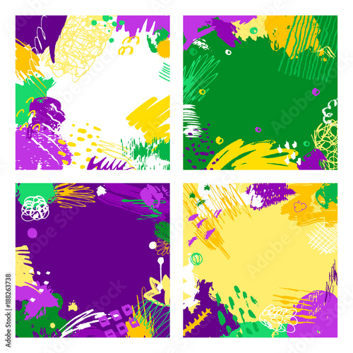 Set of Mardi Gras cards. Hand drawn Fat Tuesday backgrounds. Artistic colorful banners. Trendy abstract design.