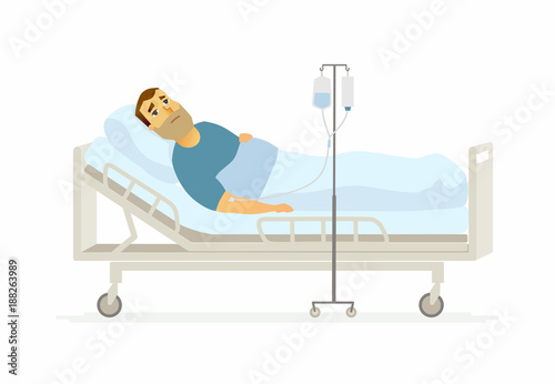 Man in hospital on a drip - cartoon people characters illustration