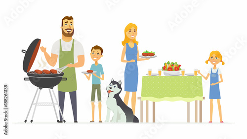 Happy family at the barbecue - modern cartoon people characters illustration