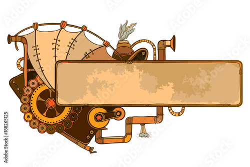 Vector drawing of outline steampunk horizontal frame with mechanical gears and pipes in beige and brown isolated on white background. Contour composition for steampunk and retro design.