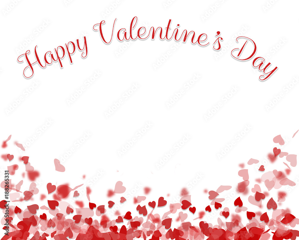 Falling red hearts on a white background with the words Happy Valentine's Day
