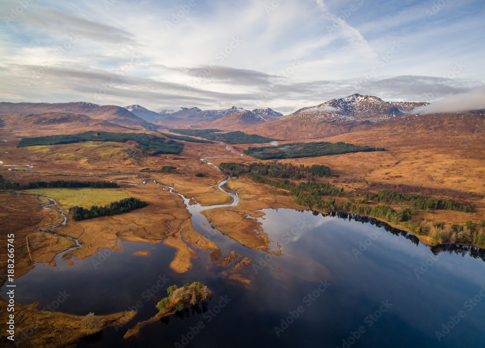 landscape view of scotland and loch tulla in the remote highlands of scotland during winter from an aerial viewpoint in panoramic landscape foramt