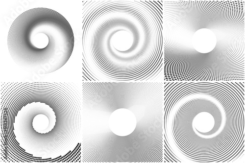 Black and white spiral abstract halftone dots background set. Vector illustration