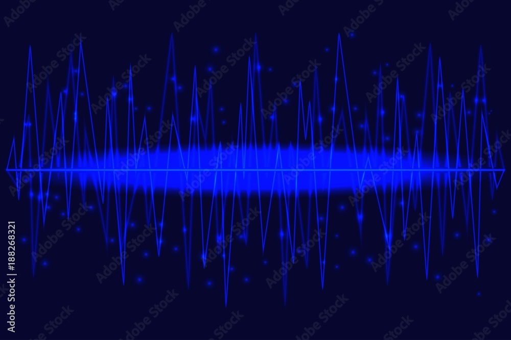 Neon Sound waves with stars. Shining lines on the deep blue background. Equalizer dynamic visual effect. Vector illustration. Neon Sound waves with stars. Shining lines on the deep blue background. Equalizer dynamic visual effect. Vector illustration.
