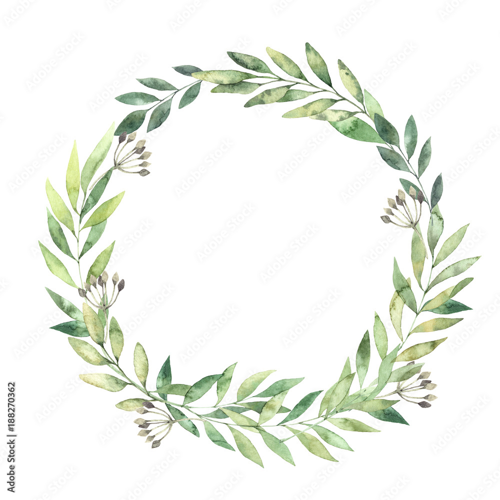 Hand drawn watercolor illustration. Botanical wreath of green branches and leaves. Spring mood. Floral Design elements. Perfect for invitations, greeting cards, prints, posters, packing etc
