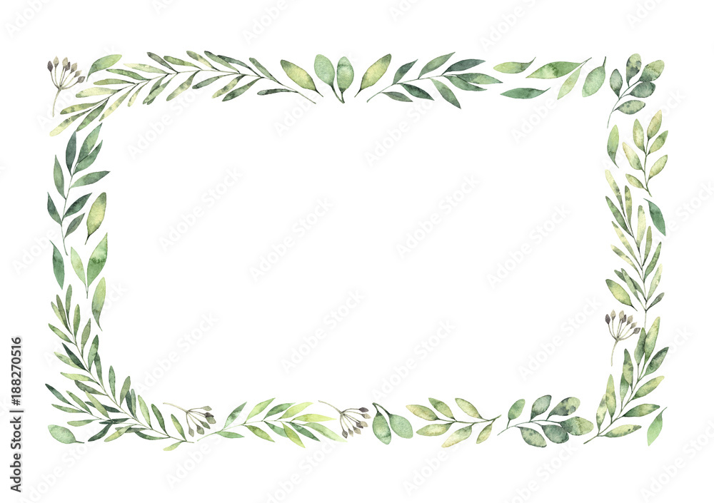 Hand drawn watercolor illustration. Botanical rectangular border with green branches and leaves. Spring mood. Floral Design elements. Perfect for invitations, greeting cards, prints, posters - obrazy, fototapety, plakaty 