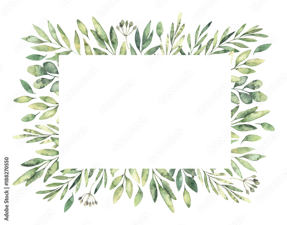 Hand drawn watercolor illustration. Botanical rectangular label of green branches and leaves. Spring mood. Floral Design elements. Perfect for invitations, greeting cards, prints, posters, packing etc