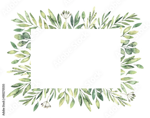 Hand drawn watercolor illustration. Botanical rectangular label of green branches and leaves. Spring mood. Floral Design elements. Perfect for invitations, greeting cards, prints, posters, packing etc