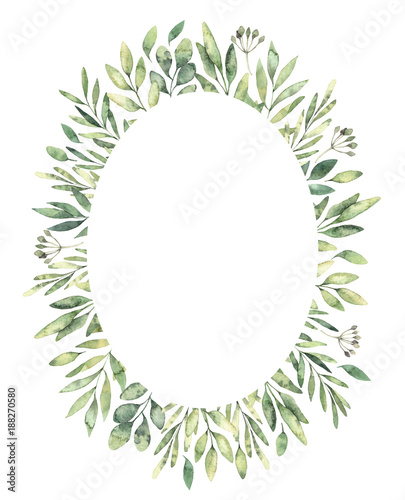 Hand drawn watercolor illustration. Botanical oval label of green branches and leaves. Spring mood. Floral Design elements. Perfect for invitations, greeting cards, prints, posters, packing etc
