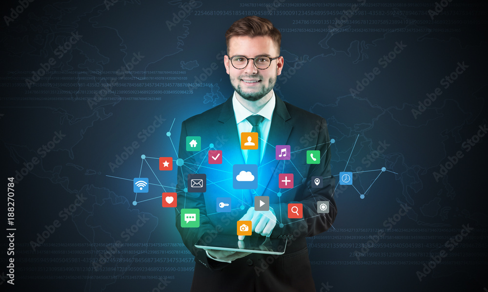 Young businessman with tablet and application Young businessman with tablet and application