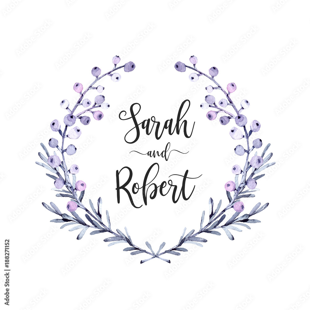 Hand drawn watercolor illustration. Botanical frame with violet branches and leaves. Blue collection. Floral Design elements. Perfect for wedding invitations, greeting cards, prints, posters Hand drawn watercolor illustration. Botanical frame with violet branches and leaves. Blue collection. Floral Design elements. Perfect for wedding invitations, greeting cards, prints, posters