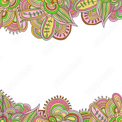 Jungle doodle pattern, vector illustration in green, pink and yellow colors.