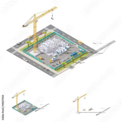 Building a house, pouring columns into formwork isometric lowpoly icon set