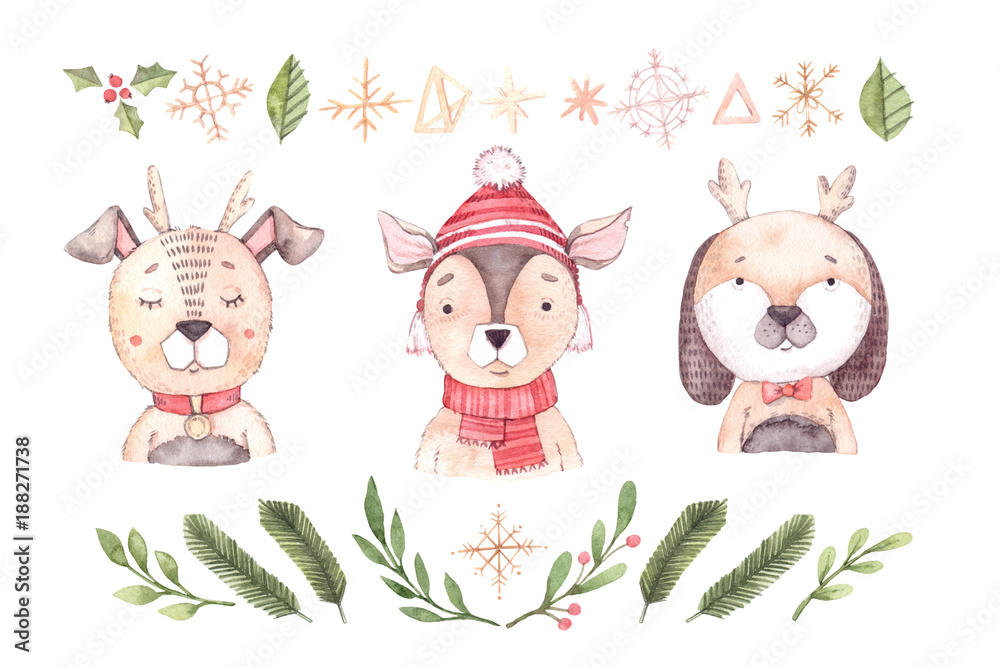 Naklejka premium Merry christmas design elements. Hand drawn watercolor illustration - dog with floral elements, gold snowflakes and snow. Winter background. Perfect for invitations, greeting cards, posters, banners