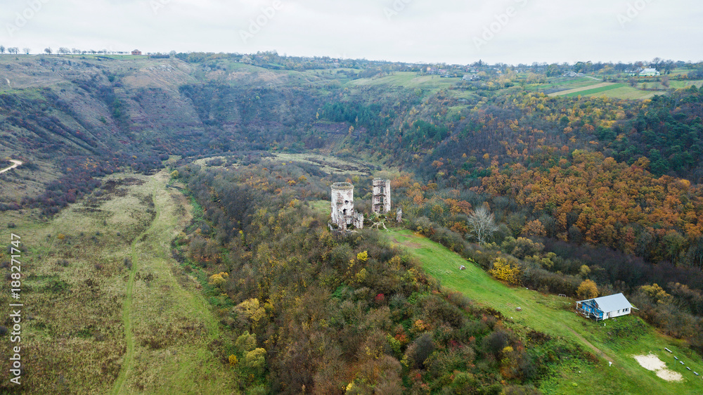 Aerial view on destroyed towers of the castle on the hill