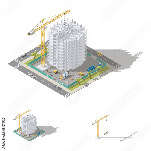 Construction of house, monolithic frame of the building isometric low poly icon set