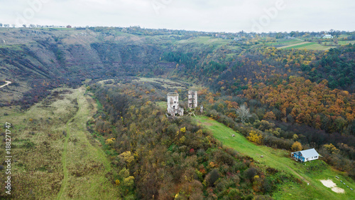 Aerial view on destroyed towers of the castle on the hill