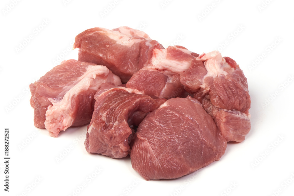 Raw pork pieces, close-up, isolated on white background. Raw pork pieces, close-up, isolated on white background.