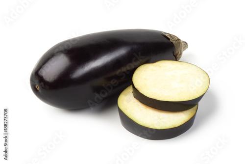 Fresh eggplant, close-up, isolated on white background.