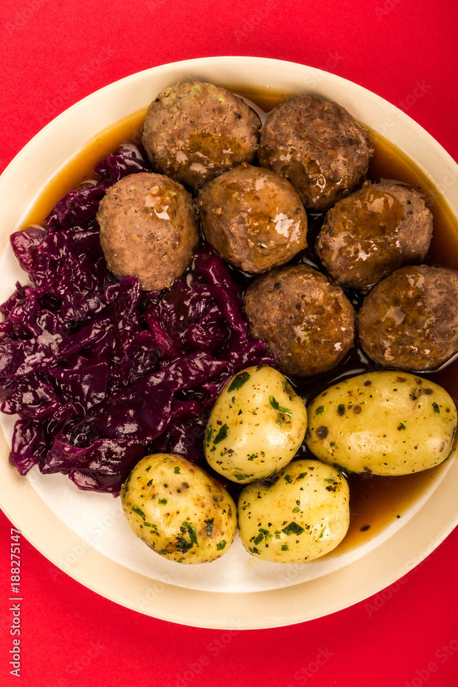 Swedish or Norwegian Meatballs With Boiled Potatoes  Red Cabbage and Gravy Meal