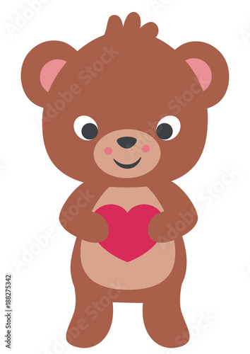 Cute Little Brown Teddy Bear Holding Heart Valentines Day Flat Vector Illustration Isolated on White