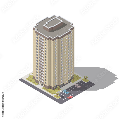 Residential building with parking isometric lowpoly icon set