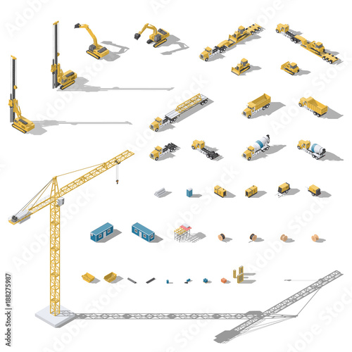 Construction machinery and equipment lowpoly isometric icon set