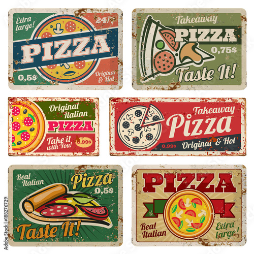 Vintage pizza metal signs with grunge texture vector set. Retro food posters in 50s style