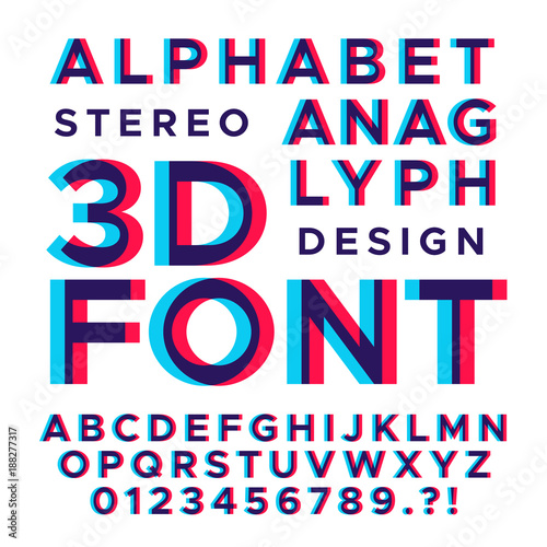 Stereoscopic stereo 3d vector letters and numbers. Colorful glitch alphabet