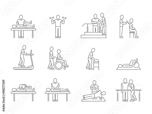 Physiotherapy and rehabilitation, exercises and massage therapy vector line medical icons