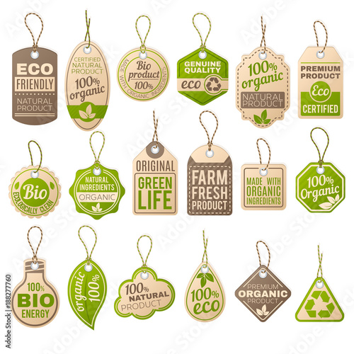 Vintage cardboard eco price tags. Shop organic bio farm vector paper labels