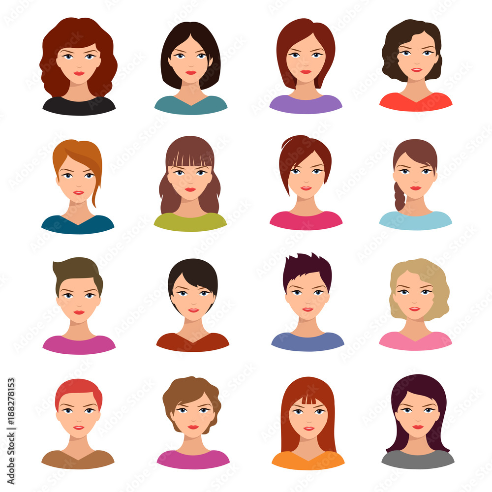 Female portraits. Young woman heads with various hairstyle vector avatars stock