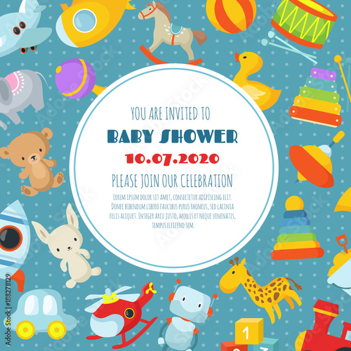 Baby shower, born celebration vector background or invitation card with kids toys