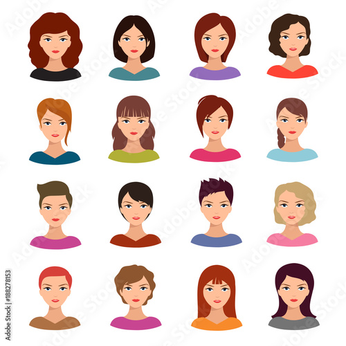 Female portraits. Young woman heads with various hairstyle vector avatars stock