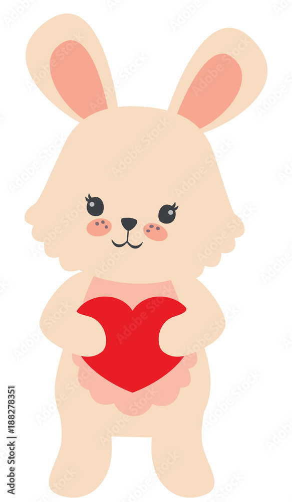 Cute Little Beige Rabbit Holding Red Heart Valentines Day Flat Vector Illustration Isolated on White Cute Little Beige Rabbit Holding Red Heart Valentines Day Flat Vector Illustration Isolated on White