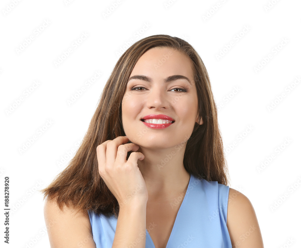 Portrait of beautiful smiling woman on white background Portrait of beautiful smiling woman on white background